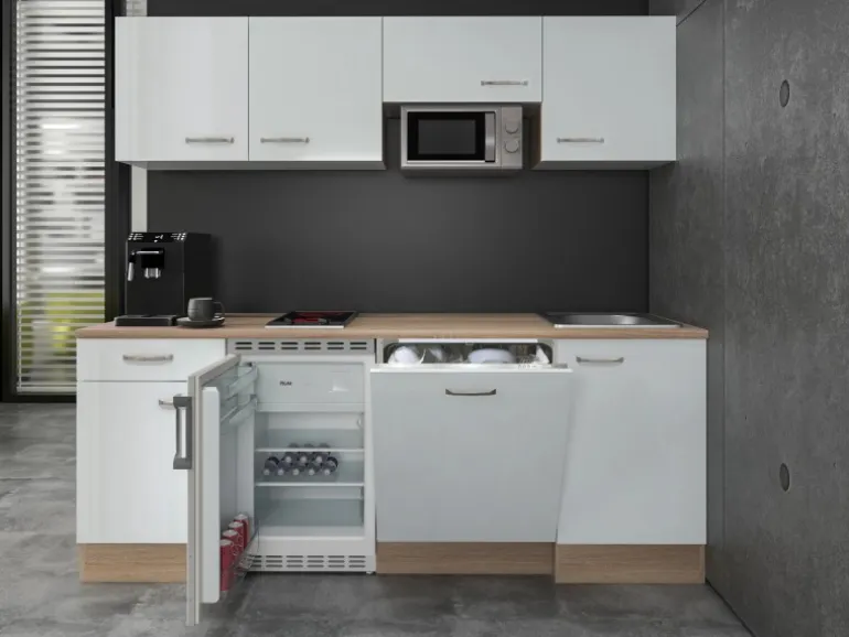 Flex-Well Exclusiv Büroküche Valero 210 cm Hochglanz Weiß-Sonoma Eiche