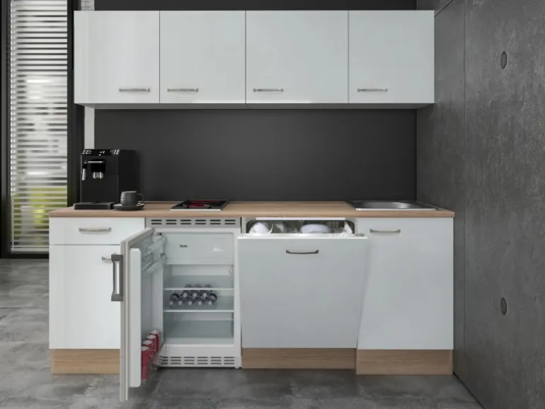 Flex-Well Exclusiv Büroküche Valero 210 cm Hochglanz Weiß-Sonoma Eiche