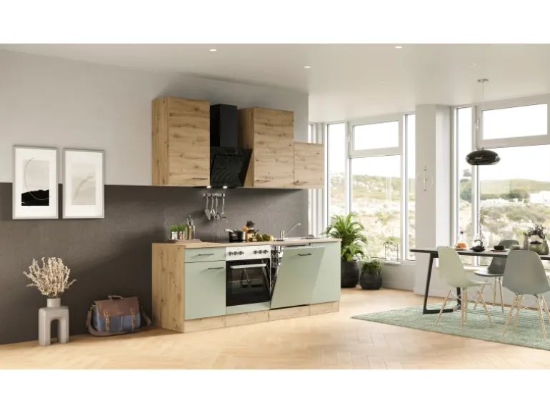 Flex-Well Exclusiv Küche 1701-017 Cara 220 cm Schilfgrün matt - Artisan Eiche