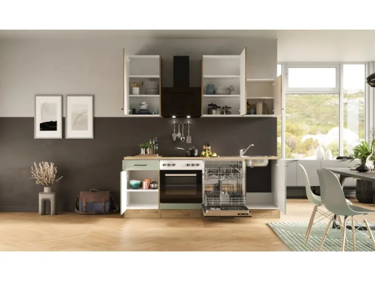 Flex-Well Exclusiv Küche 1701-017 Cara 220 cm Schilfgrün matt - Artisan Eiche