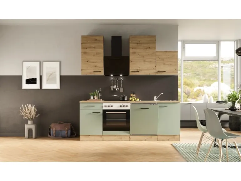 Flex-Well Exclusiv Küche 1701-017 Cara 220 cm Schilfgrün matt - Artisan Eiche