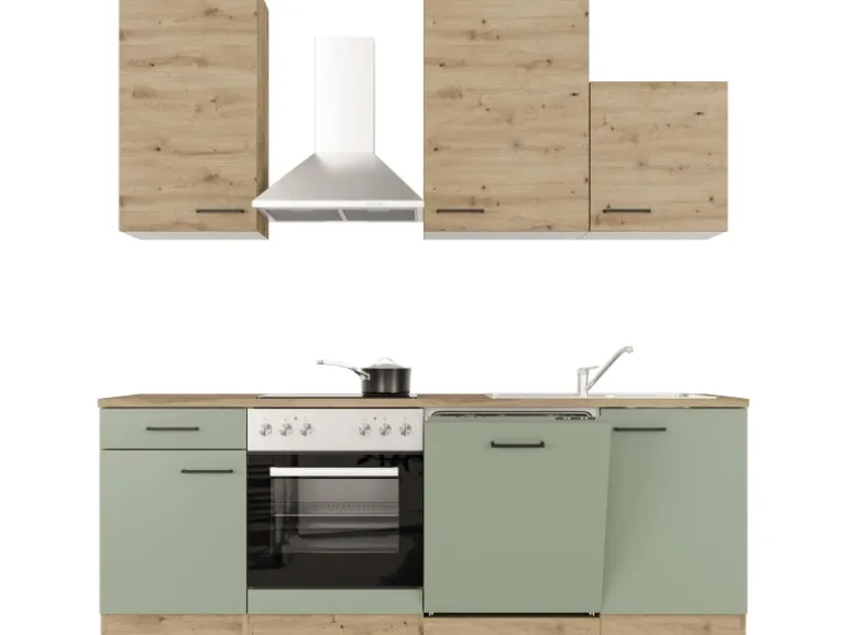 Flex-Well Exclusiv Küche 1701-016 Cara 220 cm Schilfgrün matt - Artisan Eiche