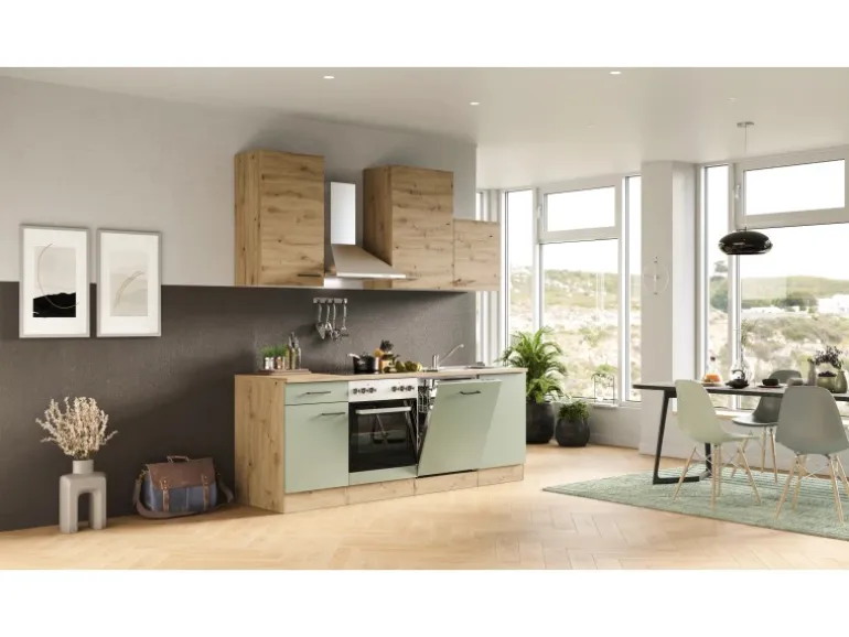 Flex-Well Exclusiv Küche 1701-016 Cara 220 cm Schilfgrün matt - Artisan Eiche