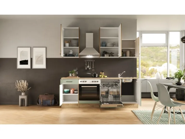 Flex-Well Exclusiv Küche 1701-016 Cara 220 cm Schilfgrün matt - Artisan Eiche