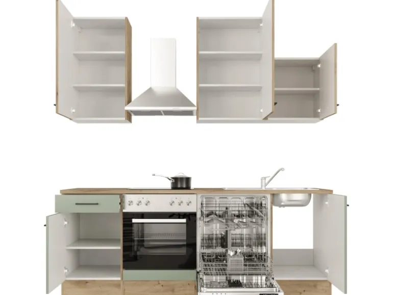 Flex-Well Exclusiv Küche 1701-016 Cara 220 cm Schilfgrün matt - Artisan Eiche