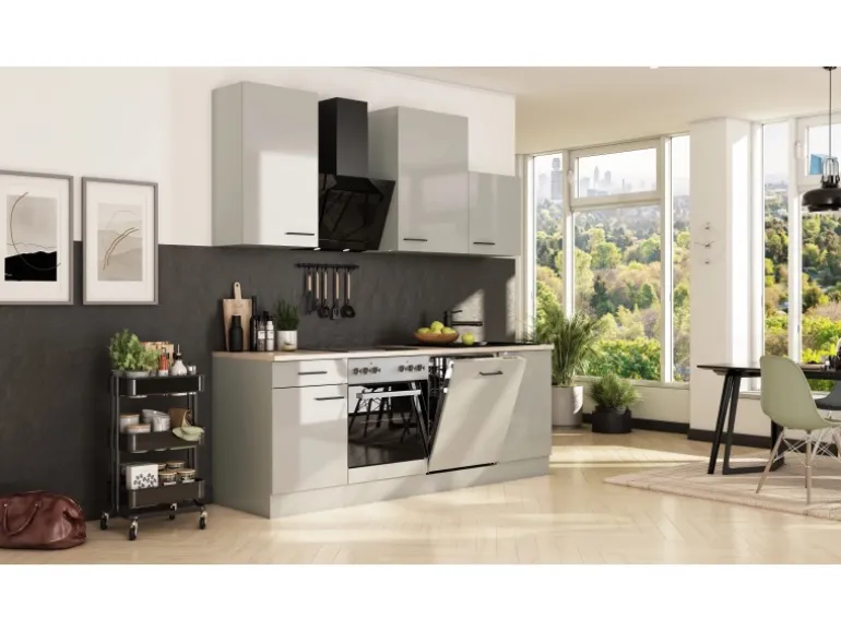 Flex-Well Exclusiv Küche 1701-017sWs Lund 220 cm Lichtgrau glänzend-Rauchgrau