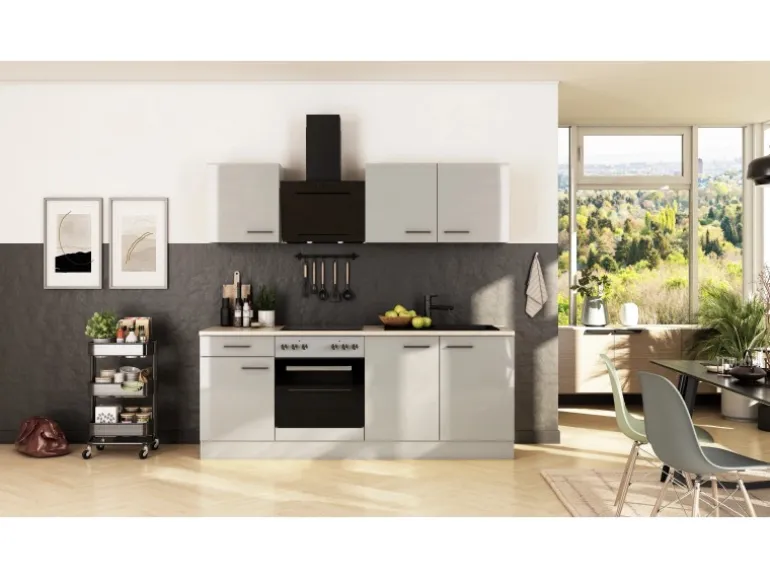 Flex-Well Exclusiv Küche 1601-005sWs Lund 210cm Lichtgrau glänzend -Rauchgrau