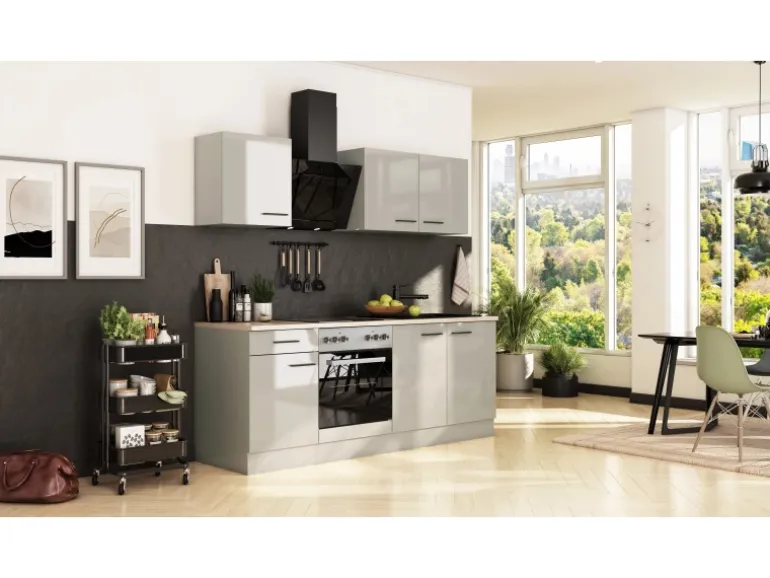 Flex-Well Exclusiv Küche 1601-005sWs Lund 210cm Lichtgrau glänzend -Rauchgrau