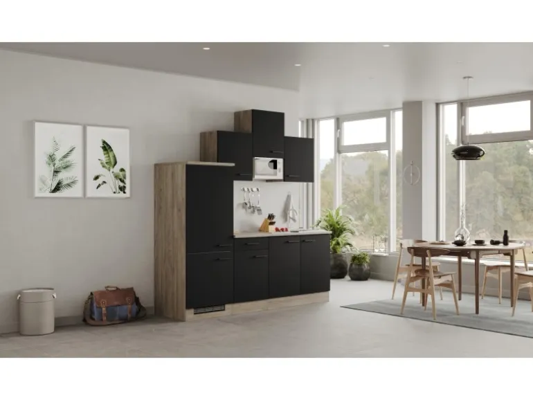 Flex-Well Exclusiv Küchenzeile Capri 210 cm Schwarz Matt-Endgrain Oak