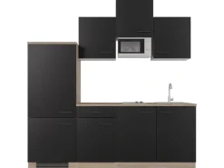 Flex-Well Exclusiv Küchenzeile Capri 210 cm Schwarz Matt-Endgrain Oak