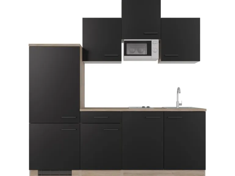 Flex-Well Exclusiv Küchenzeile Capri 210 cm Schwarz Matt-Endgrain Oak