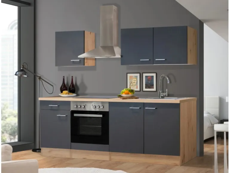 Flex-Well Exclusiv Küchenzeile Morena 210 cm Basaltgrau Matt - San Remo Eiche