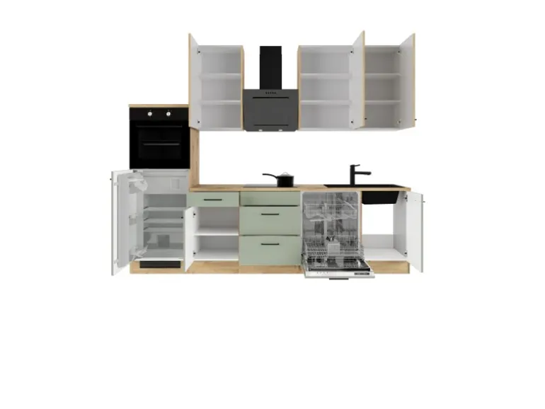 Flex-Well Exclusiv Küchenzeile Cara 280 cm Schilfgrün matt - Artisan Eiche