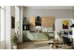 Flex-Well Exclusiv Küchenzeile Cara 280 cm Schilfgrün matt - Artisan Eiche