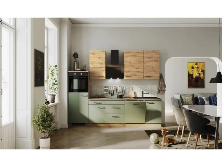 Flex-Well Exclusiv Küchenzeile Cara 280 cm Schilfgrün matt - Artisan Eiche