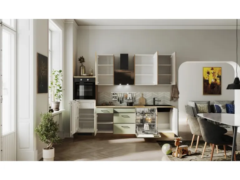 Flex-Well Exclusiv Küchenzeile Cara 280 cm Schilfgrün matt - Artisan Eiche