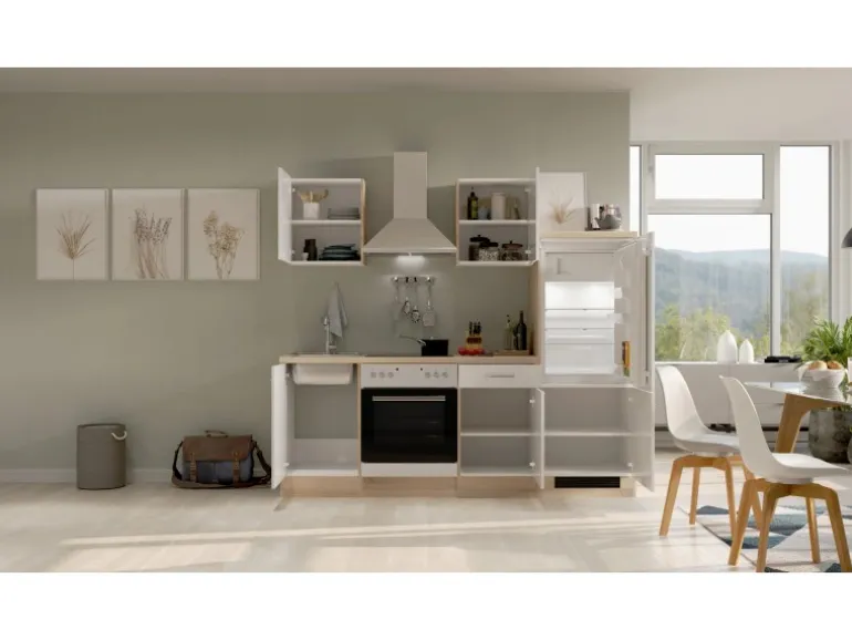 Flex-Well Exclusiv Küchenzeile Valero 220 cm Hochglanz Weiß - Sonoma Eiche