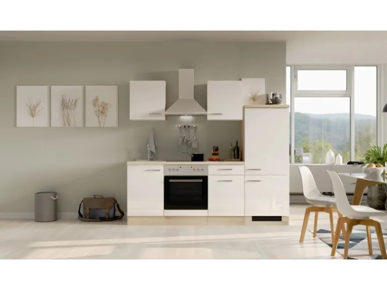 Flex-Well Exclusiv Küchenzeile Valero 220 cm Hochglanz Weiß - Sonoma Eiche