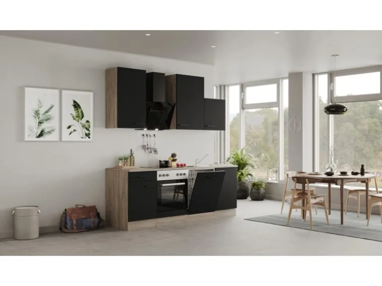 Flex-Well Exclusiv Küchenzeile Capri 220 cm Schwarz Matt-Endgrain Oak