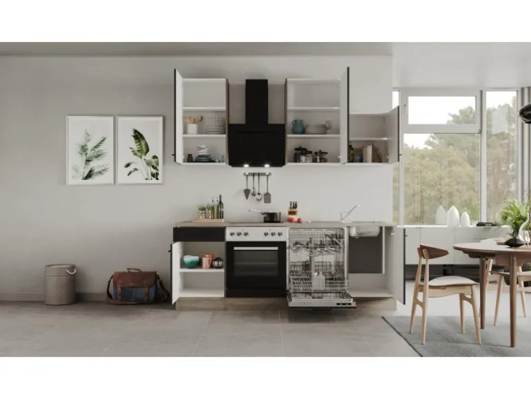 Flex-Well Exclusiv Küchenzeile Capri 220 cm Schwarz Matt-Endgrain Oak