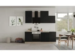 Flex-Well Exclusiv Küchenzeile Capri 220 cm Schwarz Matt-Endgrain Oak