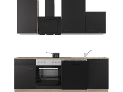 Flex-Well Exclusiv Küchenzeile Capri 220 cm Schwarz Matt-Endgrain Oak
