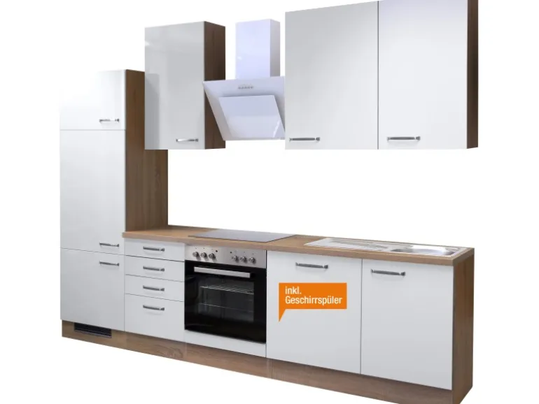 Flex-Well Exclusiv Küchenzeile Valero 280 cm Hochglanz Weiß-Sonoma Eiche