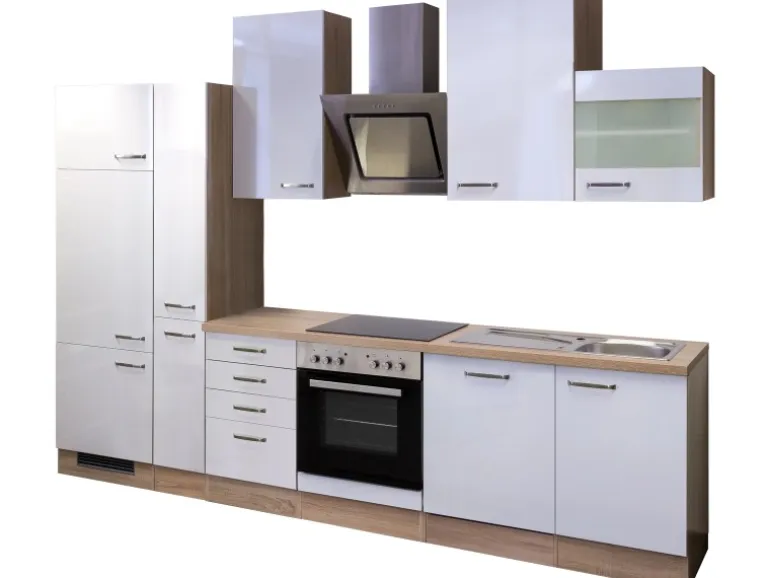 Flex-Well Exclusiv Küchenzeile Valero 310 cm Hochglanz Weiß - Sonoma Eiche
