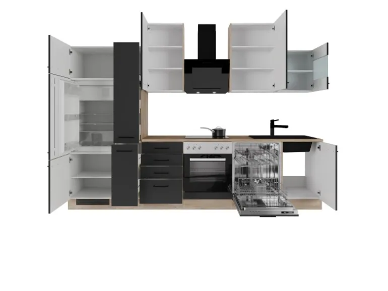 Flex-Well Exclusiv Küchenzeile Capri 310 cm Schwarz Matt-Endgrain Oak