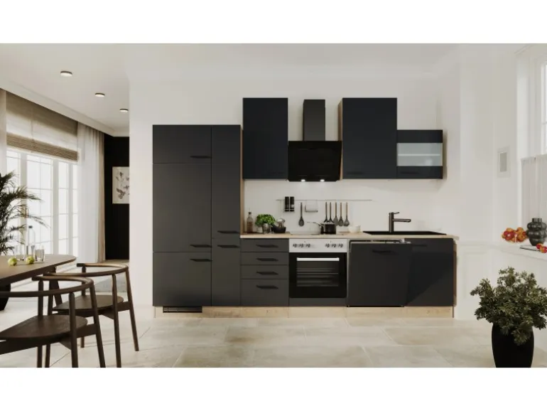 Flex-Well Exclusiv Küchenzeile Capri 310 cm Schwarz Matt-Endgrain Oak