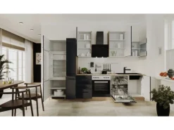 Flex-Well Exclusiv Küchenzeile Capri 310 cm Schwarz Matt-Endgrain Oak