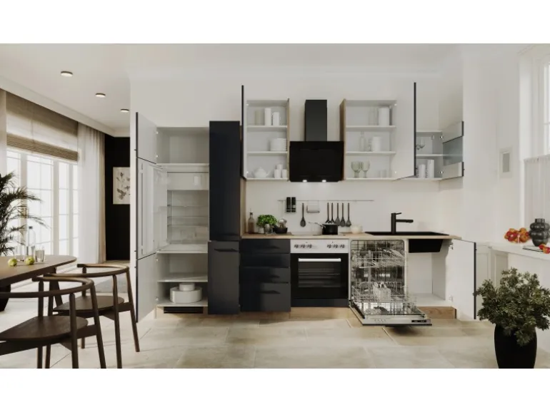 Flex-Well Exclusiv Küchenzeile Capri 310 cm Schwarz Matt-Endgrain Oak