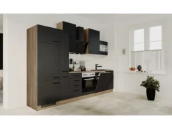 Flex-Well Exclusiv Küchenzeile Capri 310 cm Schwarz Matt-Endgrain Oak