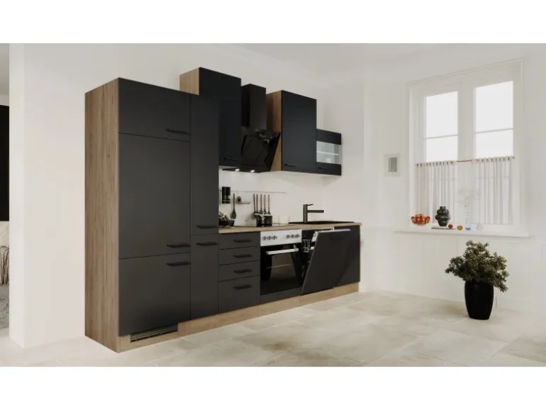 Flex-Well Exclusiv Küchenzeile Capri 310 cm Schwarz Matt-Endgrain Oak