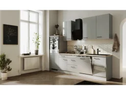 Flex-Well Exclusiv Küchenzeile Lund 280 cm Lichtgrau glänzend-Rauchgrau