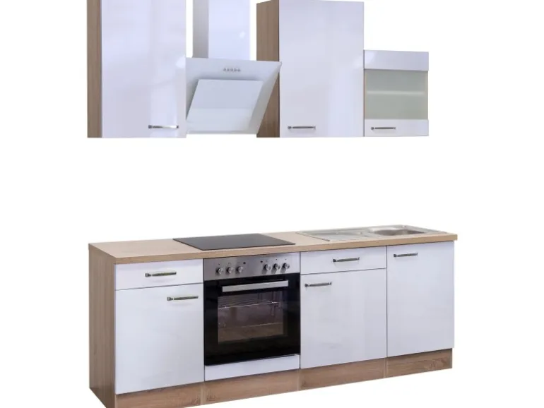 Flex-Well Exclusiv Küchenzeile Valero 220 cm Hochglanz Weiß-Sonoma Eiche