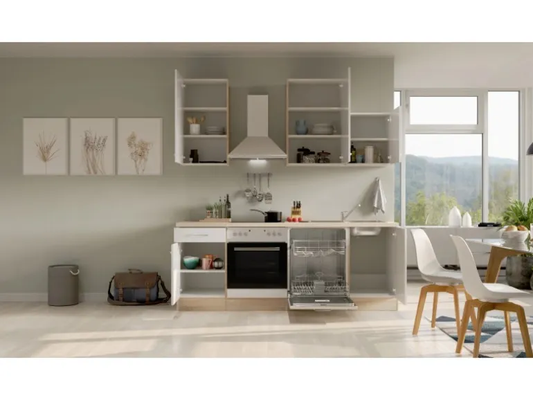 Flex-Well Exclusiv Küchenzeile Valero 220 cm Hochglanz Weiß - Sonoma Eiche
