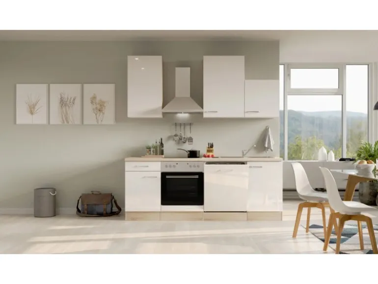 Flex-Well Exclusiv Küchenzeile Valero 220 cm Hochglanz Weiß - Sonoma Eiche