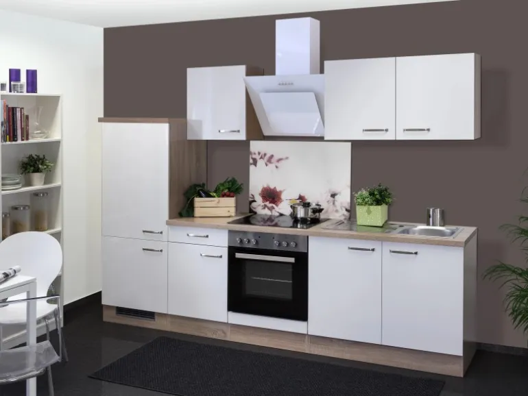 Flex-Well Exclusiv Küchenzeile Valero 270 cm Hochglanz Weiß-Sonoma Eiche