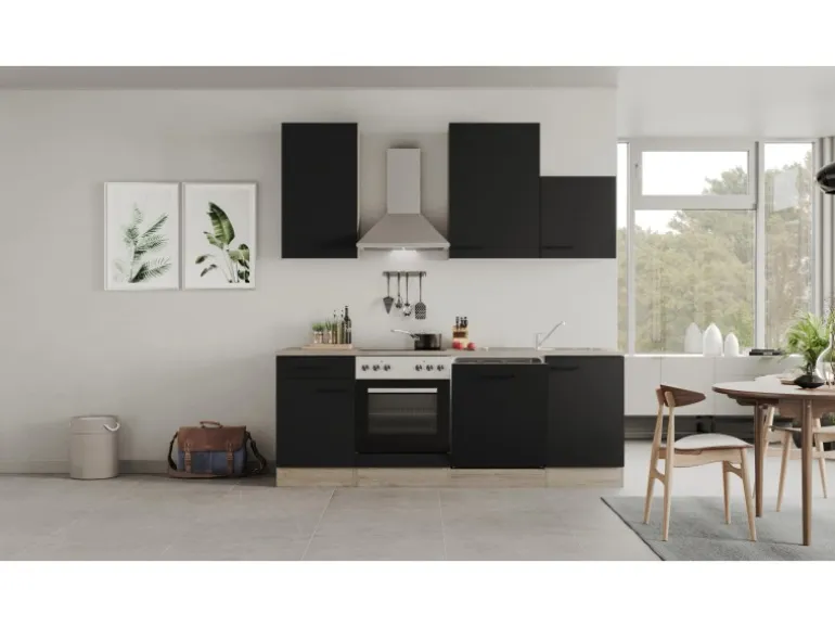 Flex-Well Exclusiv Küchenzeile Capri 220 cm Schwarz Matt-Endgrain Oak