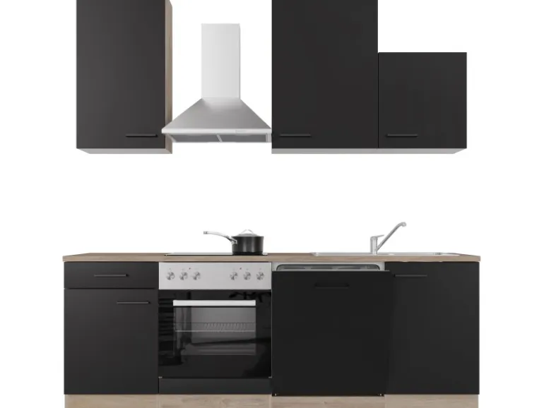 Flex-Well Exclusiv Küchenzeile Capri 220 cm Schwarz Matt-Endgrain Oak