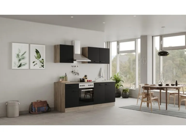Flex-Well Exclusiv Küchenzeile Capri 210 cm Schwarz Matt-Endgrain Oak