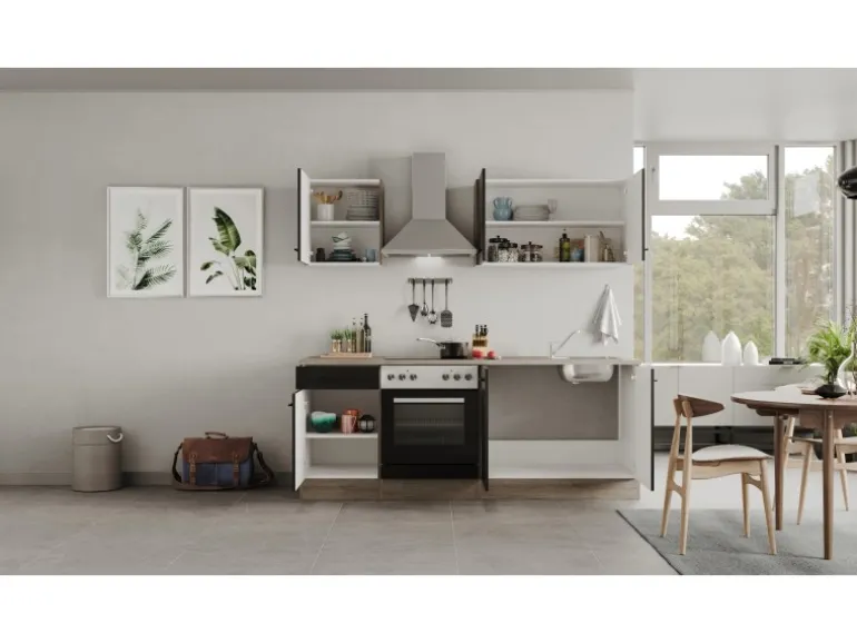 Flex-Well Exclusiv Küchenzeile Capri 210 cm Schwarz Matt-Endgrain Oak