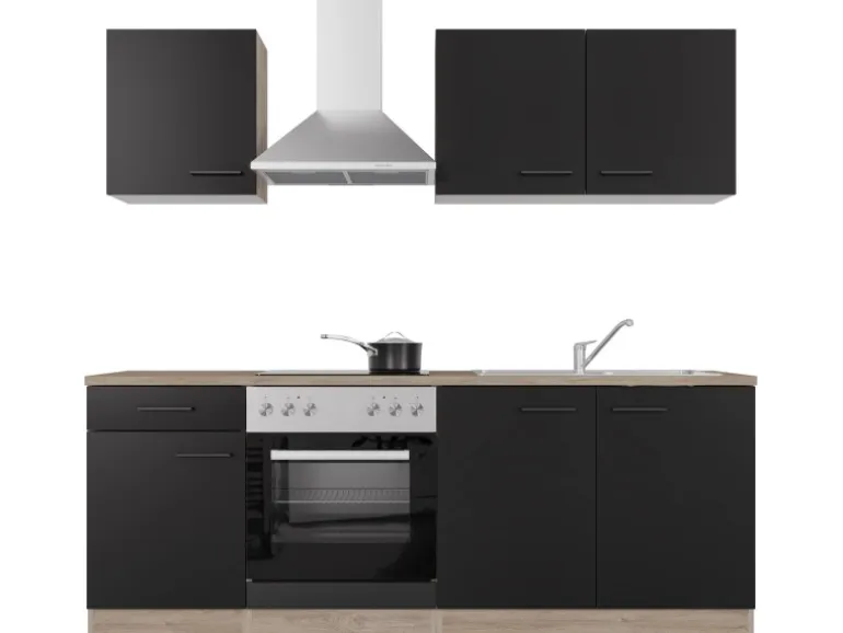 Flex-Well Exclusiv Küchenzeile Capri 210 cm Schwarz Matt-Endgrain Oak