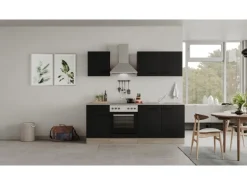 Flex-Well Exclusiv Küchenzeile Capri 210 cm Schwarz Matt-Endgrain Oak