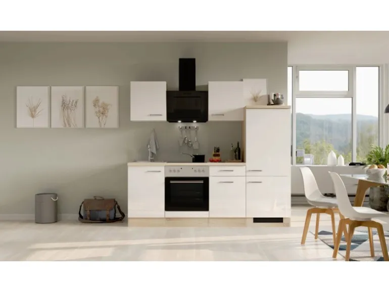 Flex-Well Exclusiv Küchenzeile Valero 220 cm Hochglanz Weiß - Sonoma Eiche