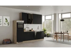 Flex-Well Exclusiv Küchenzeile Capri 280 cm Schwarz Matt-Endgrain Oak