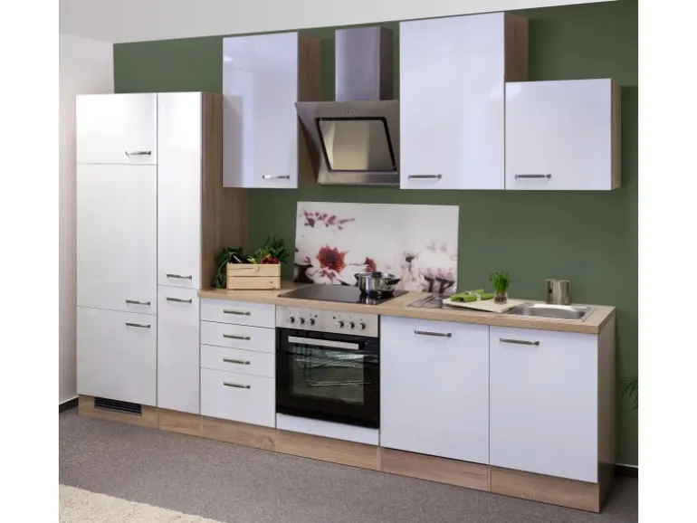 Flex-Well Exclusiv Küchenzeile Valero 310 cm Hochglanz Weiß-Sonoma Eiche
