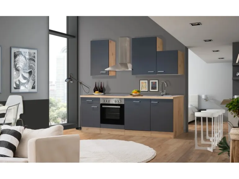 Flex-Well Exclusiv Küchenzeile Morena 220 cm Basaltgrau Matt - San Remo Eiche