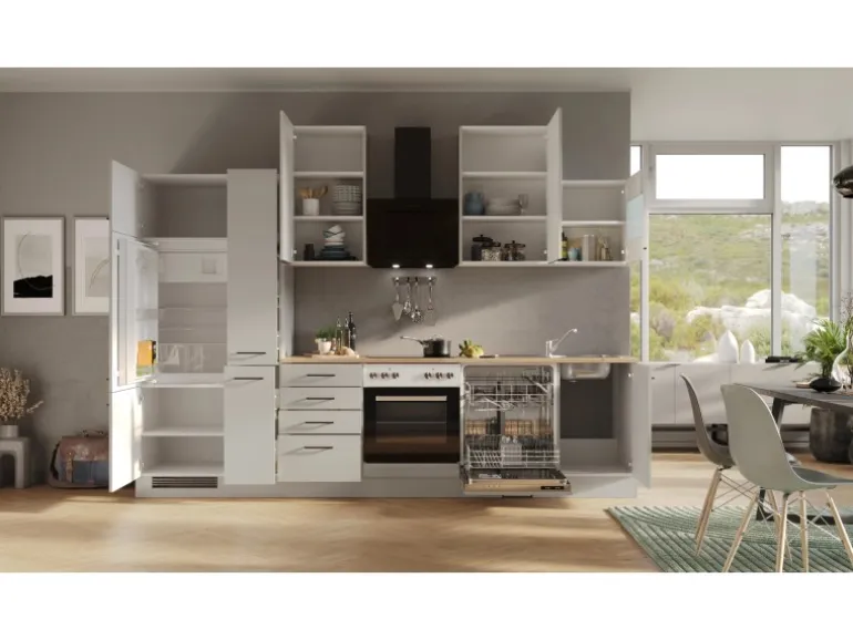 Flex-Well Exclusiv Küchenzeile Lund 310 cm Lichtgrau glänzend-Rauchgrau